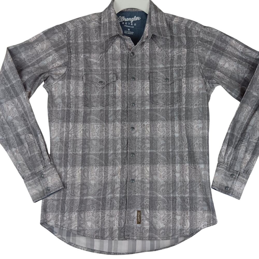 Wrangler Retro Premium Western Shirt Mens Medium Gray Paisley‎ Pearl Snap Cowboy